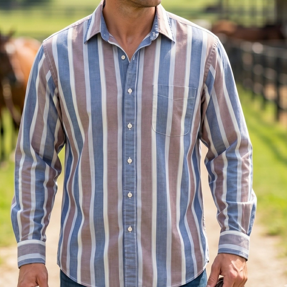 Hunt Club Shirt Mens XLT Blue Brown Striped Long Sleeve Button Down Vintage Top
